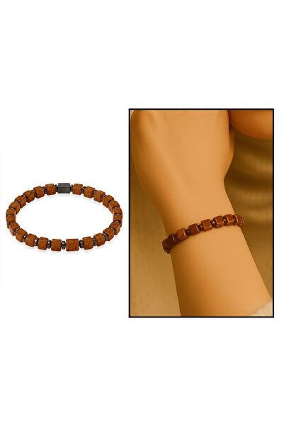 Tesbihane Hematite Natural Stone Combination Cube Cut Honey Color Natural Drop Amber Women's Bracelet