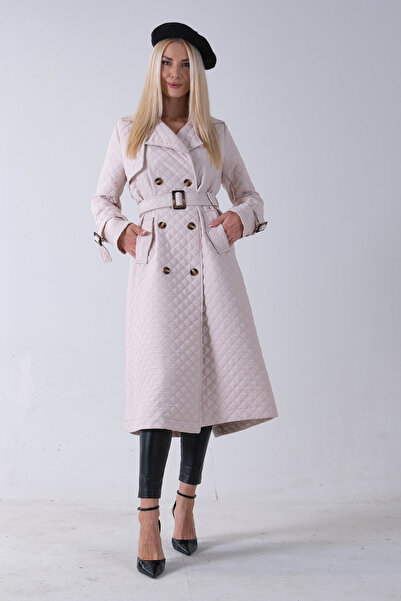 Feminist Beli Kemerli Düğme Kapamalı Kapitone Desenli Trenç Taş 44520205