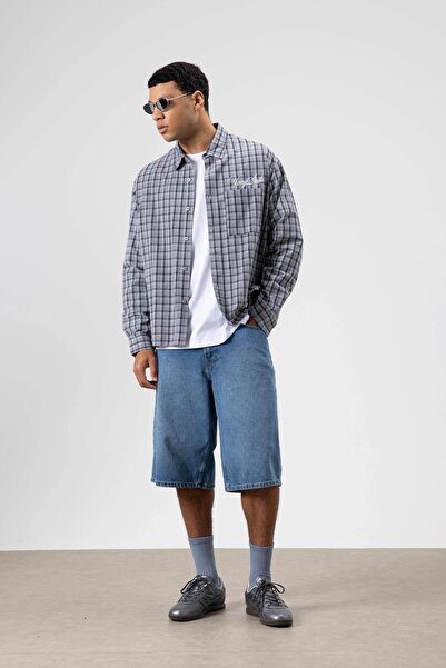 VAMOSCLO Oversize Checkered Back Printed Long Sleeve Shirt Gray-Navy Blue