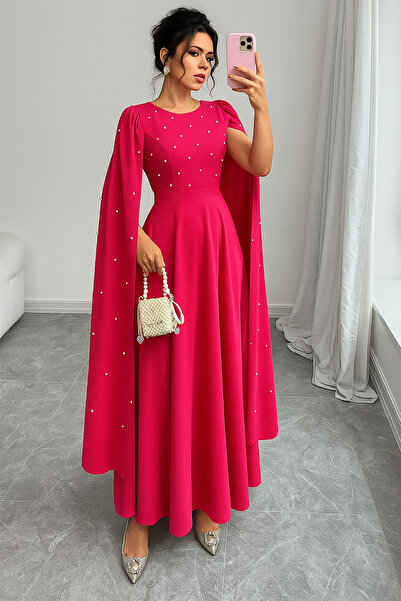 Deafox Fuchsia Cape Sleeves Pearl Detail Waist Belted Round Neck Crepe Fabric Dress