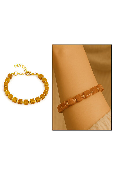 Tesbihane سوار نسائي من العنبر الطبيعي بلون الخردل مع سلسلة معدنية ذهبية اللون وزخرفة دوريكا