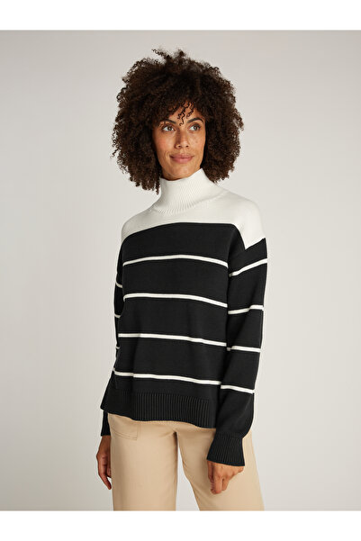 Calvin Klein Women Black / Egret Stripe Striped Knitted Turtle Neck Sweater