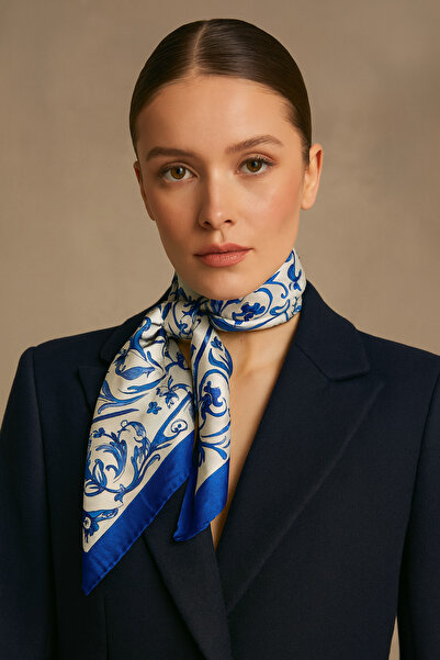 bahia butik aksesuar Blue Flower Patterned Scarf 70*70