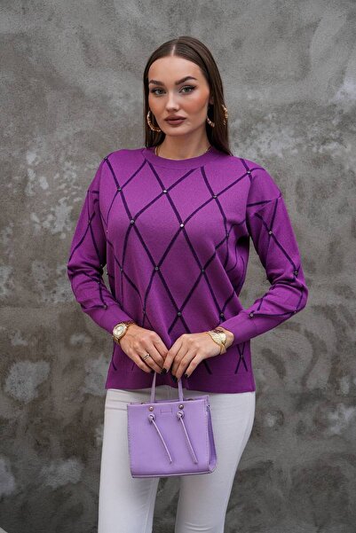 Genel Markalar Baklava Desenli Taş İşlemeli Kazak