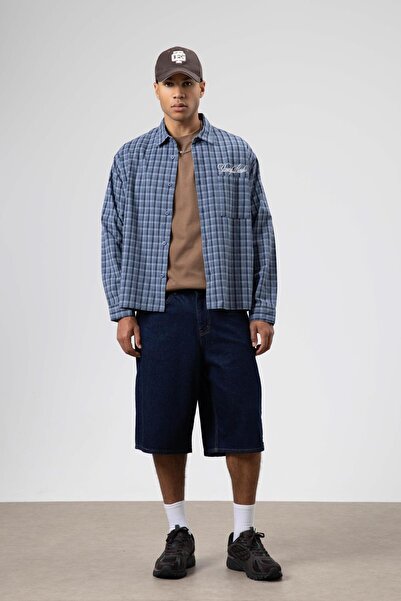 VAMOSCLO Oversize Checkered Back Printed Long Sleeve Shirt Indigo-Navy Blue