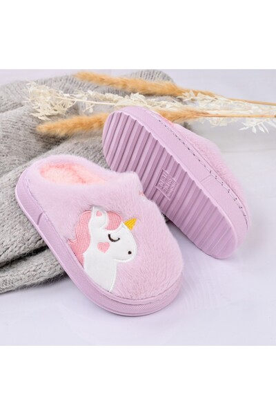 Tmall Papuci pufoși pentru copii, cu unicorn/ursuleț de pluș, PC06, violet