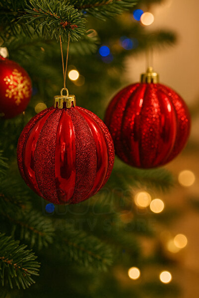 Huzur Party Store 15 cm Luxury Red Christmas Pine Tree Ball 2-Pack Shiny Glitter Large Size New Year Ornament Tree Decor