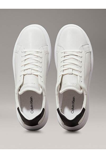 Calvin Klein Men Black/Bright White Low Top Lace Up Leather Sneakers