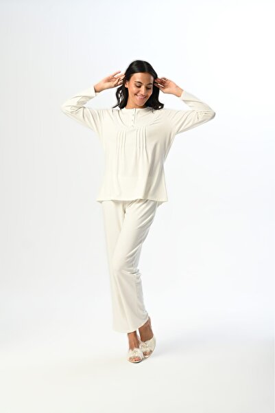 LOHOUSE Women's Smoked Lace Special Design Jacquard Cotton Maternity Pajama Set with Dressing Gown 3-Piece Pajama Set