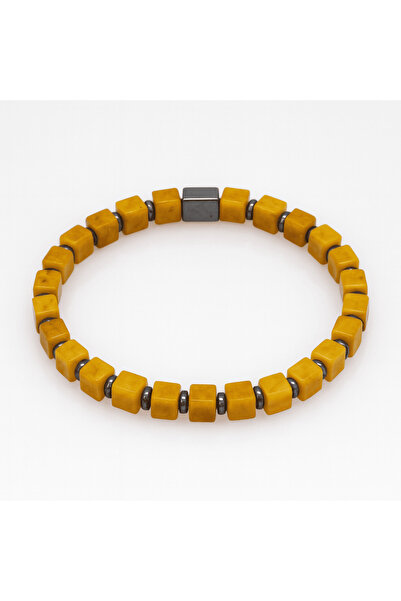 Tesbihane Hematite Natural Stone Combination Cube Cut Mustard Color Natural Drop Amber Men's Bracelet