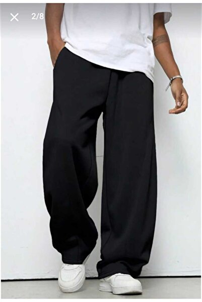 ELASSEL بنطلون رياضي شتوي أسود للرجال بقصة واسعة