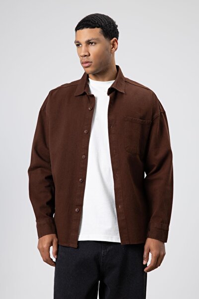VAMOSCLO oversized Πουκάμισο Gabardine Μπουφάν Καφέ