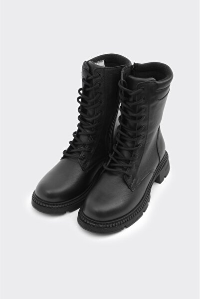 derinet Fermuarlı Bağcıklı Hakiki Deri Kadın Uzun Bot