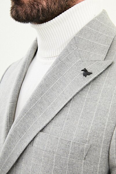 Mcr Striped Slim Fit Wide Collar Double Breasted Wool Men's Jacket Gray - 41476.25K