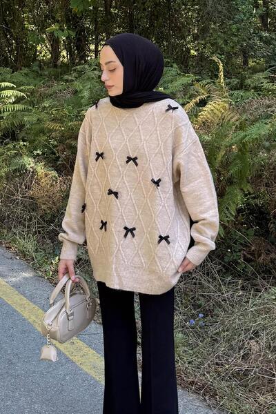 lamelif Πλεκτό πουλόβερ με κορδέλα Μπεζ