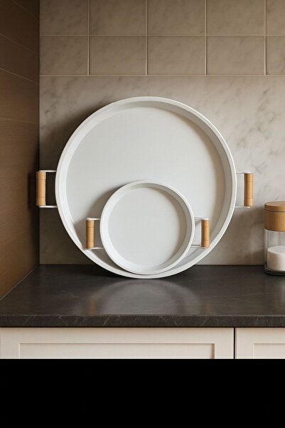 Arma House 2'li (51 - 26 CM) Ahşap Kulplu Metal Tepsi Çay Tepsisi Kahve Tepsi...