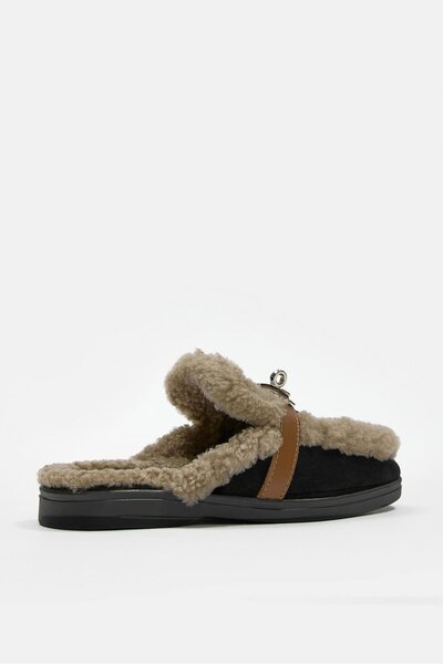 NILUFARR Jelly Black Suede Real Fur Women's Slippers