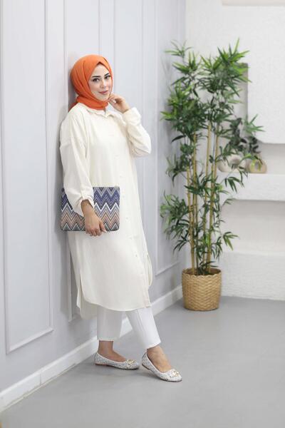 KULVAR TREND 7383 Kol Katlamalı Süs Cepli Keten Gömlek Tunik