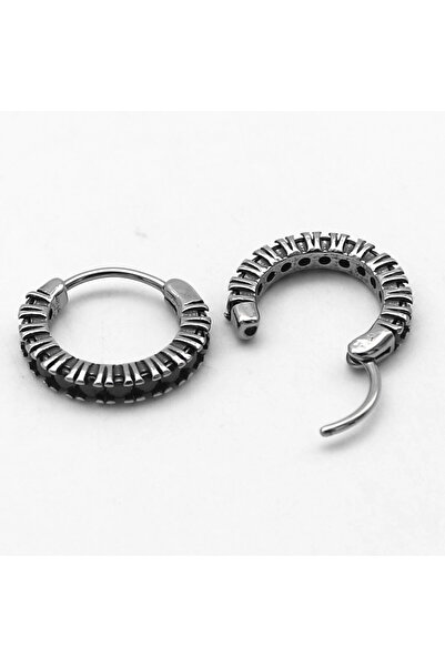 Viking Black Zircon Stone Hoop Threaded Unisex 316L Stainless Steel Earrings Pair
