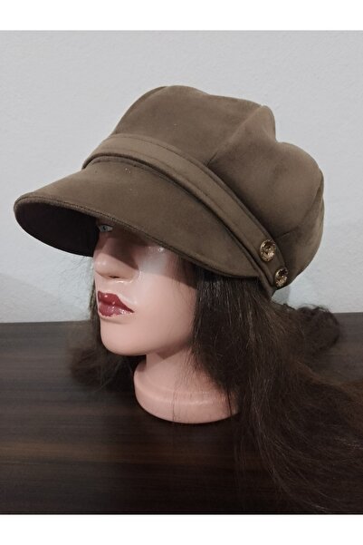 EMİNSHOP Kadın kışlık Nubuk düğme detaylı geniş siperli şapka