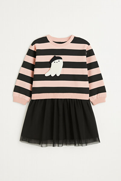Eray Kids Kız Çocuk Çıkarılabilir Hayalet Detaylı Tüllü Sweatshirt Siyah Elbise (3-4-5-6 Yaş)