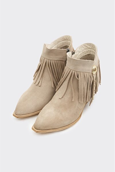 derinet Püsküllü Hakiki Deri Fermuarlı Kadın Bot