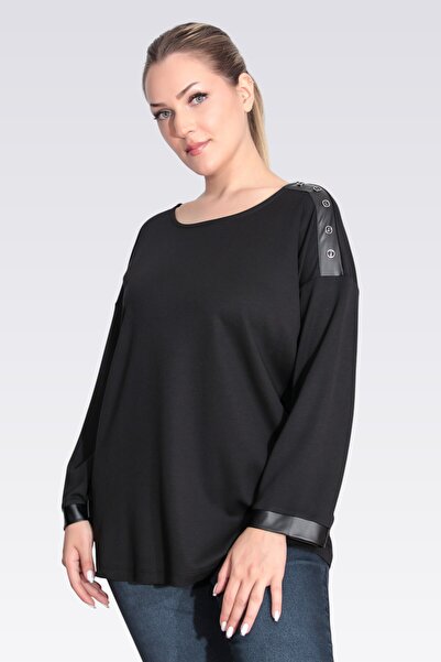 TOLGA SARAÇOĞLU 11089 Black Synthetic Leather Detail Comfortable Cut Knitted Blouse