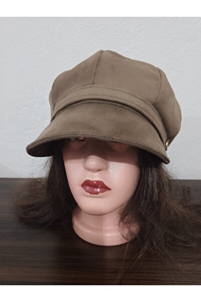 EMİNSHOP Kadın kışlık Nubuk düğme detaylı geniş siperli şapka