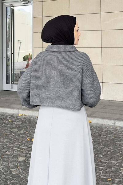 lamelif Collar Zippered Crop Knit Sweater Gray