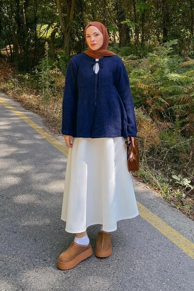 lamelif Collar Tie Detailed Sweater Navy Blue