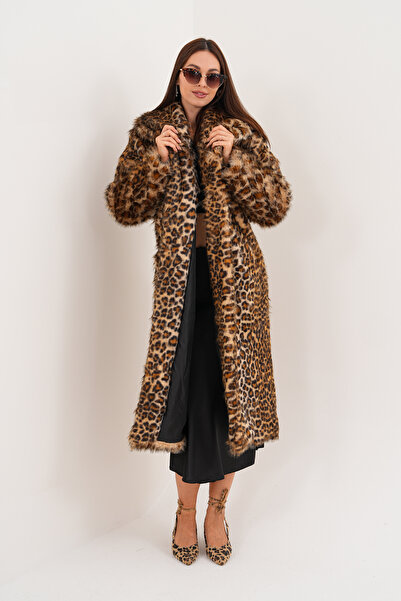 NAVY Full Length Shawl Collar Leopard Fur Coat