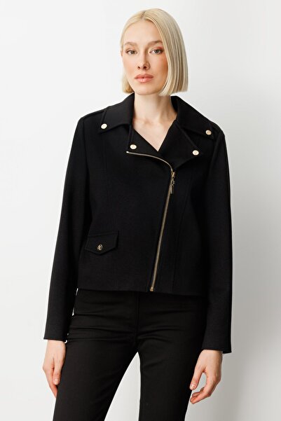 Ekol Women's Silvery Fabric Ornamental Pocketed Coat 8013