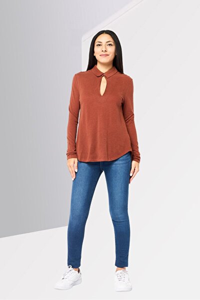 Lacoste Women Spread Collar Solid Long Sleeve Polo Shirt, Brown