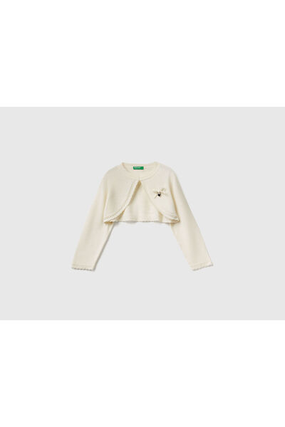 United Colors of Benetton Cardigan cu fundă cu broderie ecru pentru fetiță