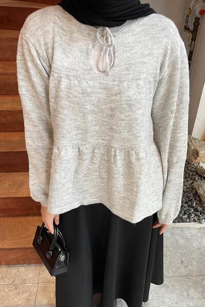 lamelif Πλεκτό πουλόβερ με κορδόνια στο λαιμό Γκρι