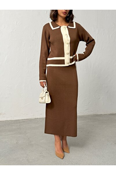 BEJNA Women's Brown Pearl Buttoned Skirted Knitwear Set