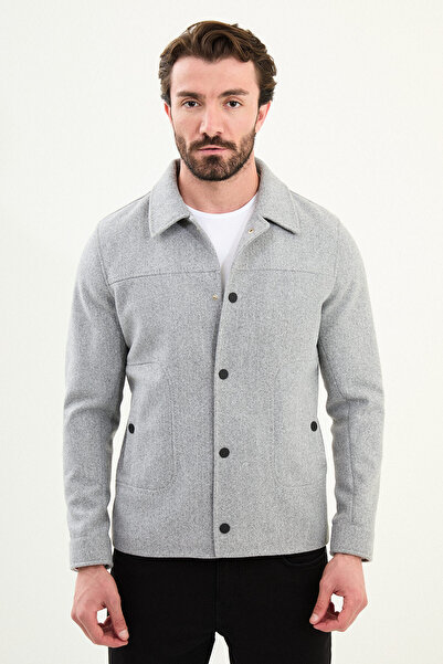 Mcr Palton bărbătesc simplu, cu guler de cămașă și nasturi, gri - 39650.25K