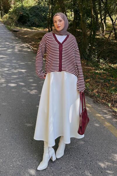 lamelif Fine Striped Knitwear Cardigan Burgundy