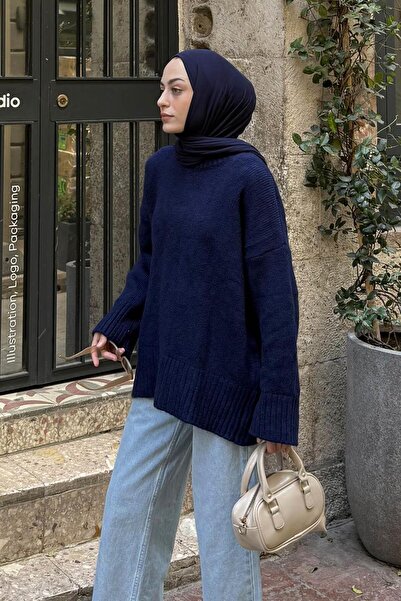 lamelif Πουλόβερ με φαρδιά μανίκια σε μπλε ναυτικό