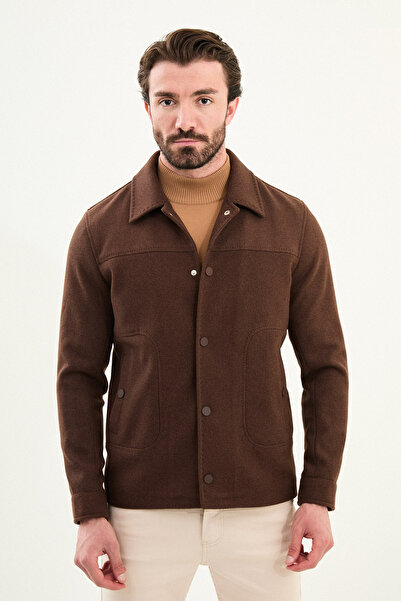 Mcr معطف رجالي بقصة ضيقة وياقة قميص مع أزرار كبس - بني - 39650.25K