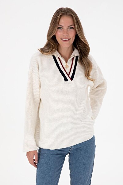 U.S. Polo Assn. Kadın Beyaz V Yaka Kazak 50309564-VR256