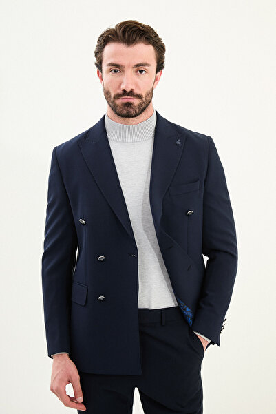 Mcr Straight Slim Fit Wide Collar Double Breasted Metal Button Men's Jacket Navy Blue - 41479.25K