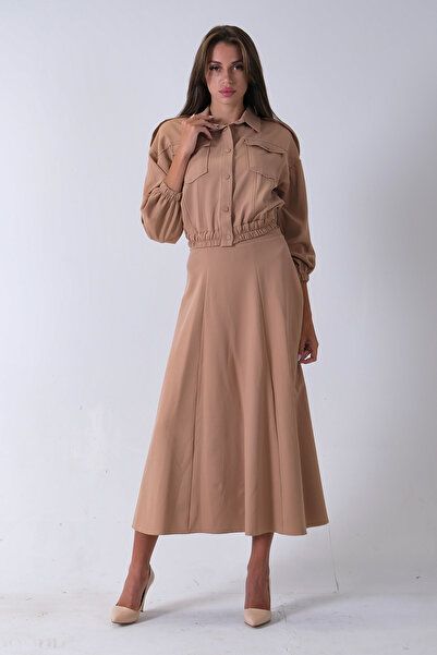 Feminist Beli Lastikli Cepli Ceket ve Etek İkili Takım Bej 4595053