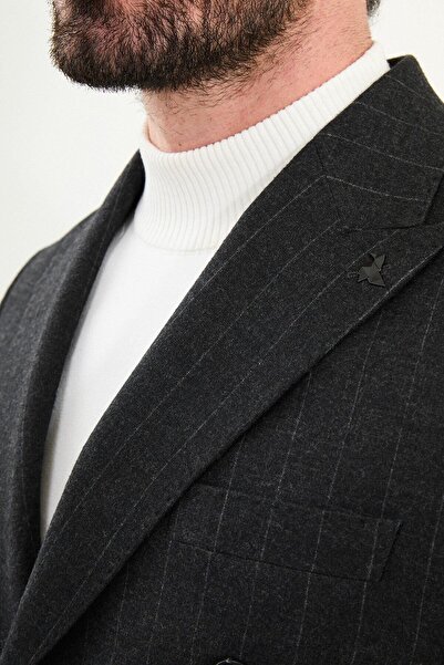 Mcr Striped Slim Fit Wide Collar Double Breasted Wool Men's Jacket Black - 41476.25K