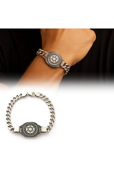 Tesbihane Mühri Süleyman İşlemeli Gurmet Zincirli 925 Ayar Gümüş Erkek Bileklik