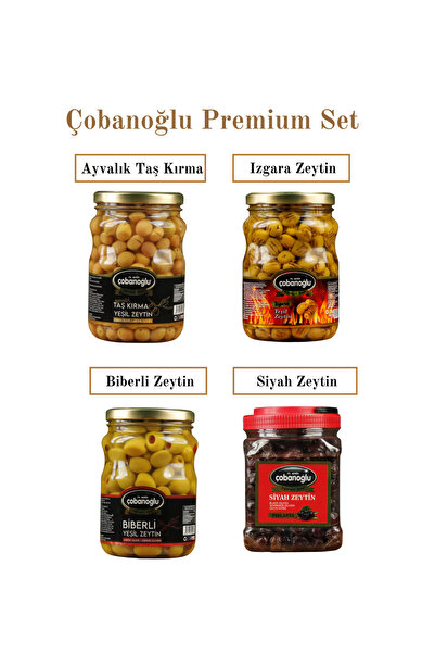 M.Emin Çobanoğlu Zeytincilik Premium Set (Ayvalık Taş Kırma, Biberli Zeytin, Izgara Zeytin, Gemlik Yağlı Sele Siyah Zeytin M Boy)