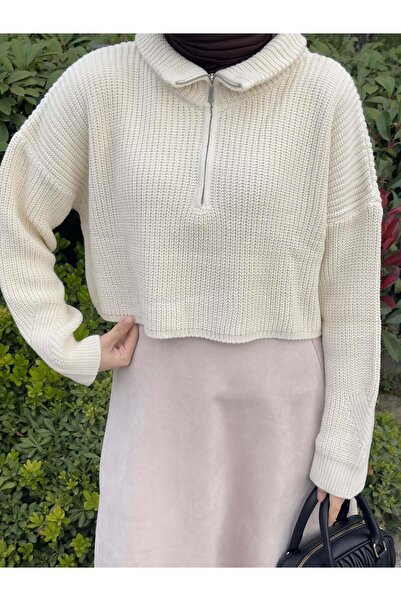 lamelif Πλεκτό πουλόβερ με φερμουάρ στο λαιμό εκρού