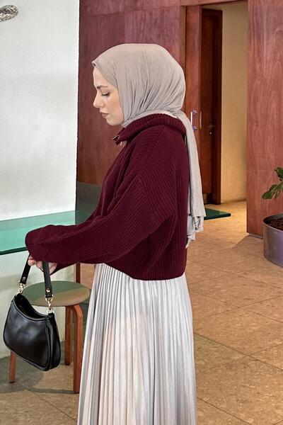 lamelif Collar Zippered Crop Knitwear Sweater Burgundy