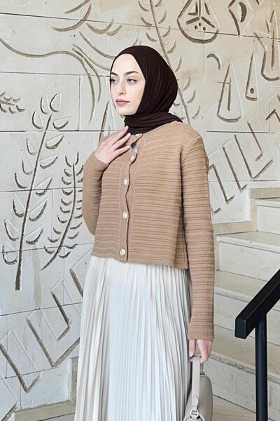 lamelif Left Patterned Crop Cardigan Camel