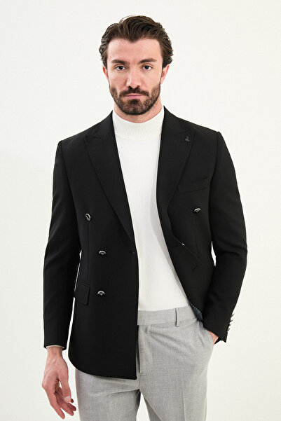 Mcr Straight Slim Fit Wide Collar Double Breasted Metal Button Men's Jacket Black - 41479.25K